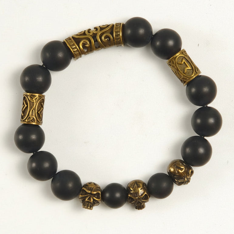 Edelstein-Armband „Golden Myth“ – Onyx Matt & Bronze Skulls