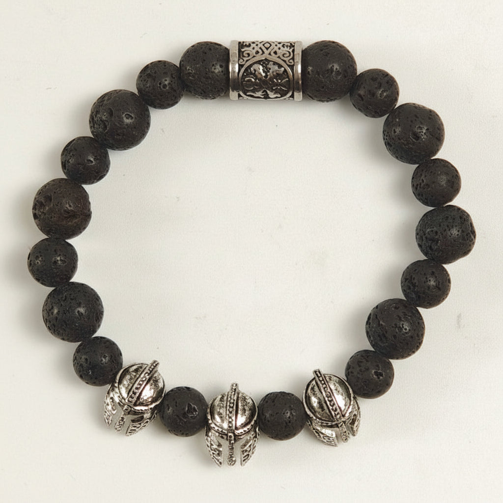 Edelstein-Armband „Warrior Spirit“ – Schwarze Lava & Spartaner-Helme