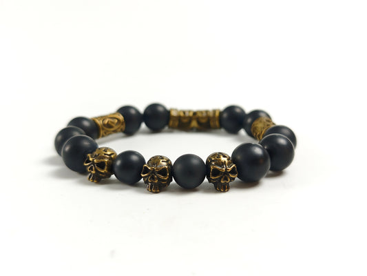 Edelstein-Armband „Golden Myth“ – Onyx Matt & Bronze Skulls