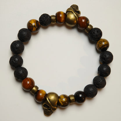 Edelstein-Armband „Earth & Fire“ – Tigerauge & Lavastein mit Bronze-Skulls