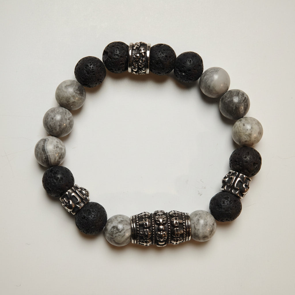 Herren-Armband aus Lavastein - grauer Jasperstein / Edelstahl Skullbeads