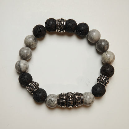 Herren-Armband aus Lavastein - grauer Jasperstein / Edelstahl Skullbeads
