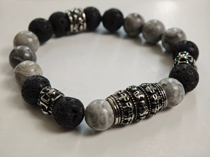 Herren-Armband aus Lavastein - grauer Jasperstein / Edelstahl Skullbeads