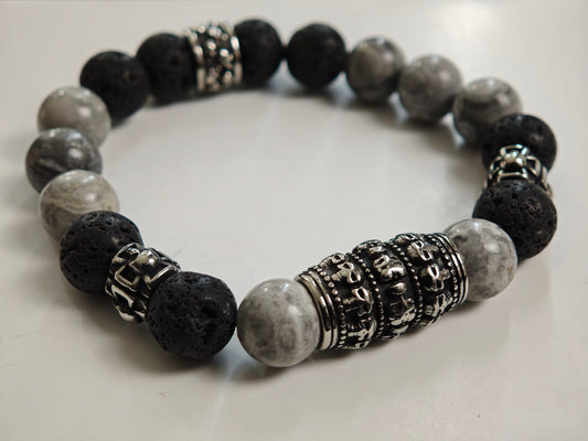 Herren-Armband aus Lavastein - grauer Jasperstein / Edelstahl Skullbeads